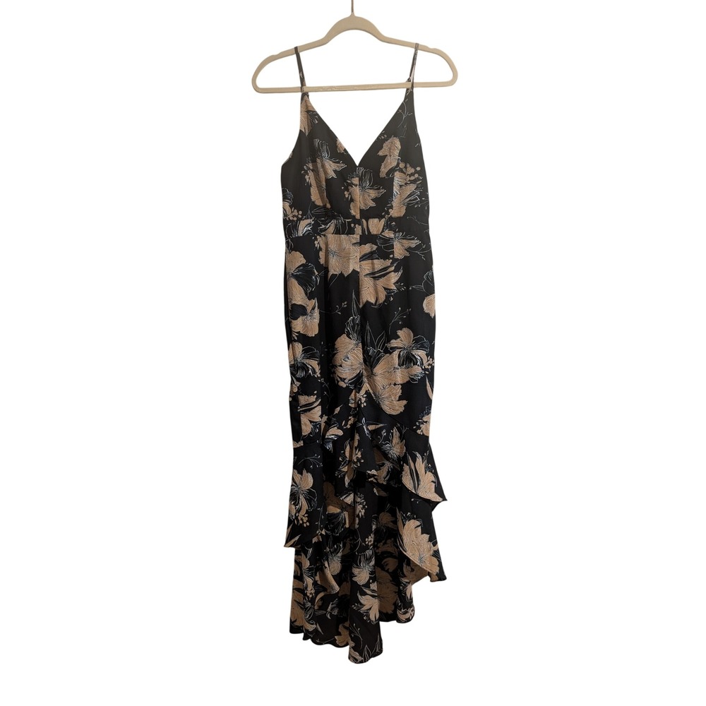 Lulus High-Low Maxi Dress Womens M Black Floral Ruffle V-Neck Spaghetti Strap